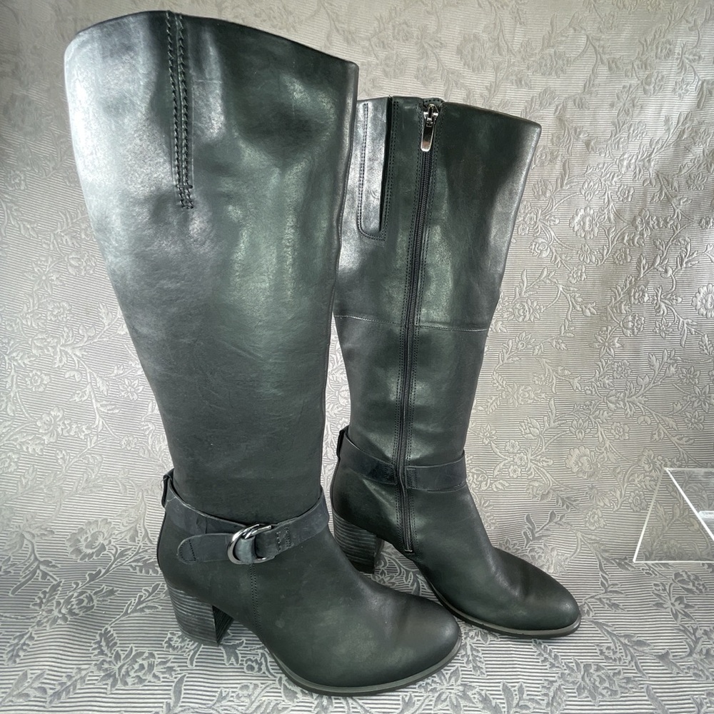 ECCO Leather Buckle Zip Knee High Heeled Boots